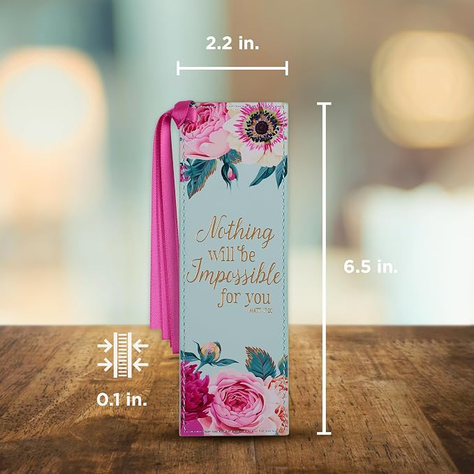 Christian Art Gifts Vegan Leather Scripture Bookmark for Women: Nothing Will Be Impossible for You - Matthew 17:20 Inspirational Bible Verse, Faith-Based Reading Accessory w/Tassel, Mint Green Floral