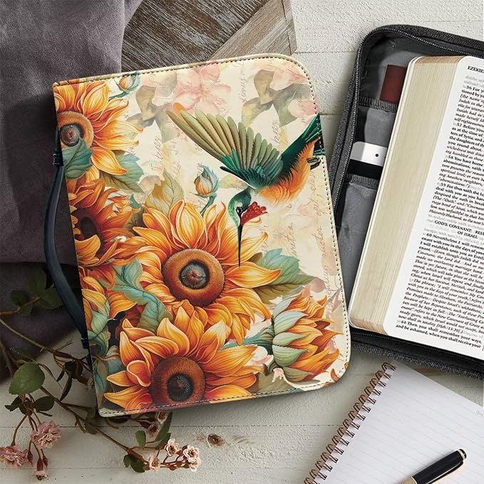 Sunflower Bird Women Bible Carrying Case Thanksgiving Bible Tote Bag for Man Fall Bible Covers Thanksgiving Decor PU Leather Bible Protector