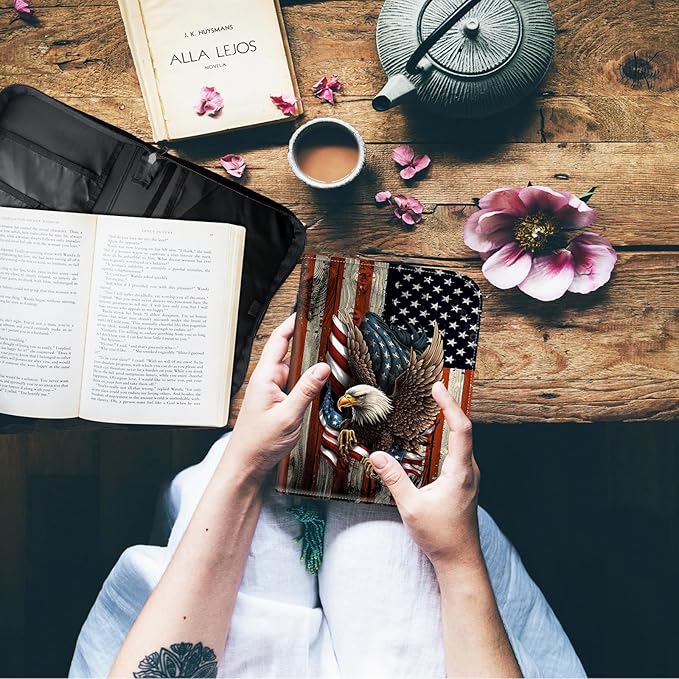Bible Cover for Men,Large Leather Bible Case Fit Book Up to 11x8x2 Inch,Bald Eagle with Flag Bible Covers Bible Study Carrier Church Bags w/Handle & Zipper