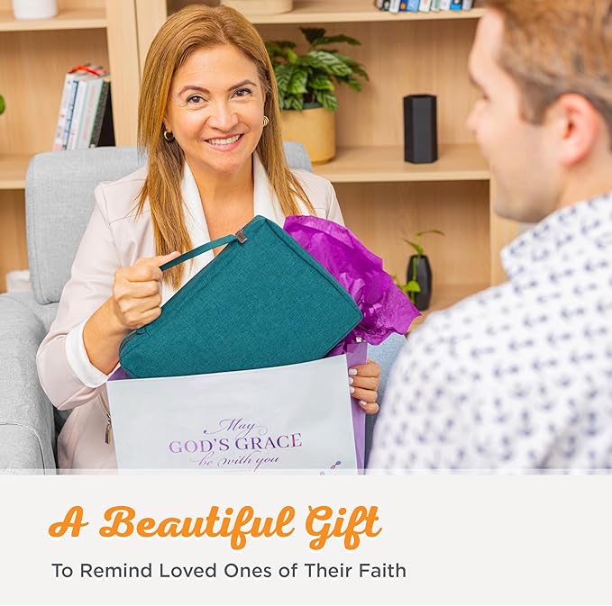Christian Art Gifts Men & Women’s Bible Cover – Jesus Fish Symbol, Teal Canvas, Large Size – Durable Zipper Case with Handle, Pen Loop, Interior & Exterior Pockets, Easy-Clean Protective Bible Bag