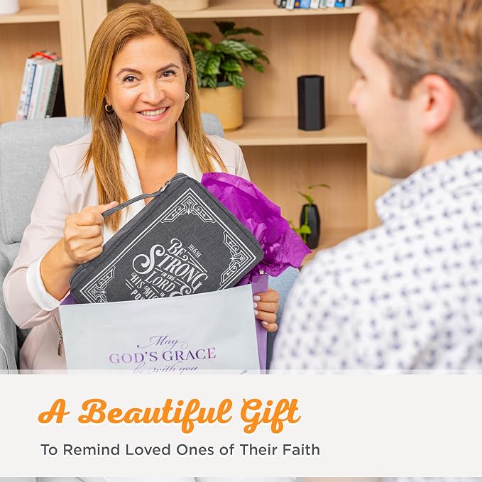 Christian Art Gifts Men/Women's Bible Cover Strong in The Lord Ephesians 6:10, Gray Canvas, Medium