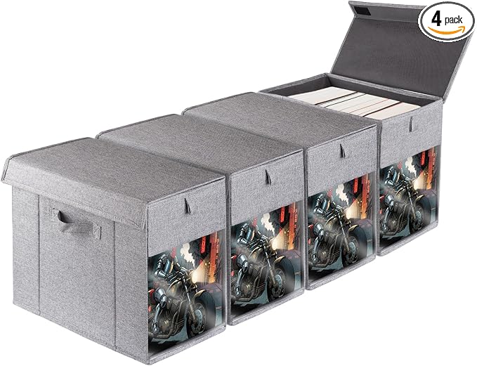 4 Pack Comic Book Storage Box with Lid, Collapsible Magazine Organizer with Clear Window, Heavy Duty Case Container Holder, Grey