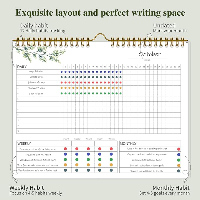 Habit Tracker Calendar，12 Monthly Habit Tracker Journal with Spiral Binding,Undated Weekly Monthly Planner to Boost Productivity&Self Improvement,7.5"x10"