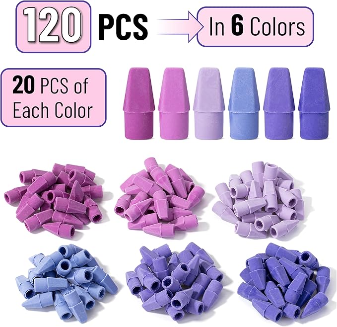Mr. Pen- Pencil Top Erasers, 120 Pack, 6 Different Purple Shade Colors, Latex-Free & No Smudge Pencil Eraser Tops