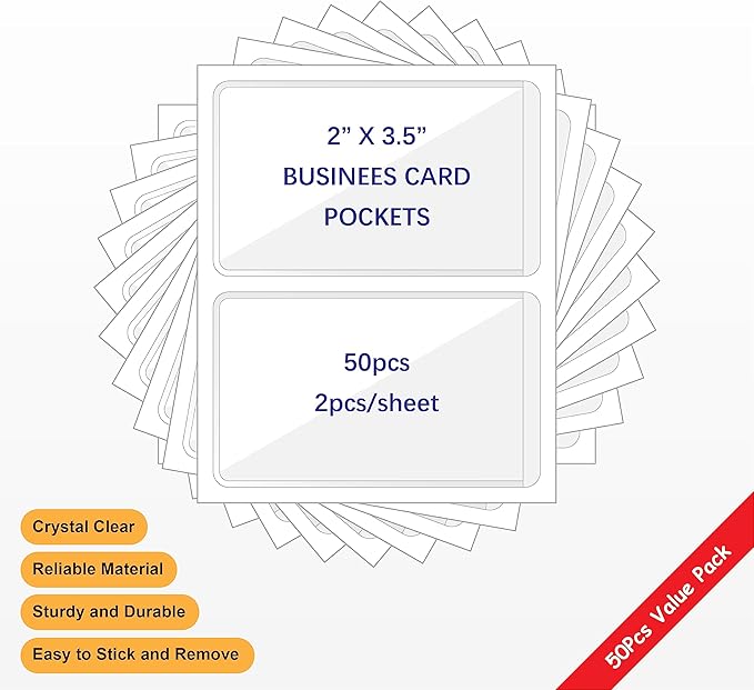 IMAGAME Clear Adhesive Business Card Pocket swith Side Open for Loading, 50 Pack, Plastic Labels Holders for Storage Bins and Library Card, Ideal for Organizing and Protecting Your Business Cards