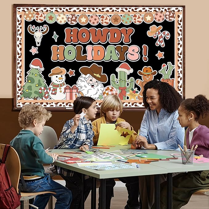 Christmas Western Cowboy Bulletin Board Decoration Set Christmas Theme Cutouts Wild West Classroom Decoration Cowboy Howdy Holidays Classroom Decoration for School Chalkboard Xmas Party Decor