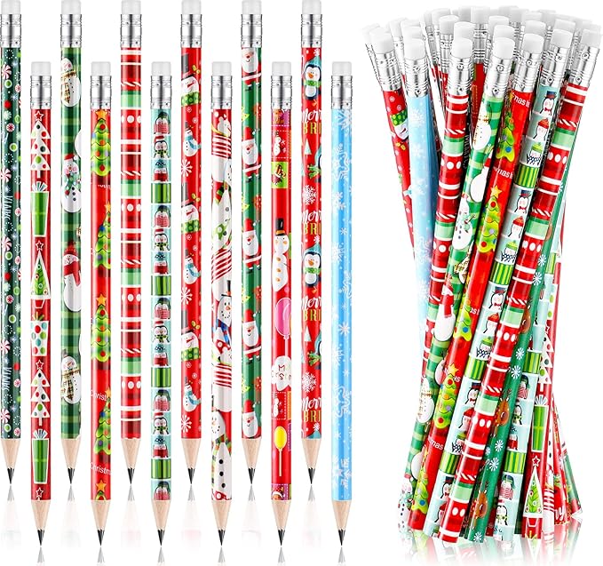 Yexiya 48 Pcs Christmas Pencils for Kids Bulk Colorful Holiday Wood Pencils with Erasers Xmas Snowman Santa Elk Christmas Classroom Gifts for Goodie Bags Office School, 12 Styles
