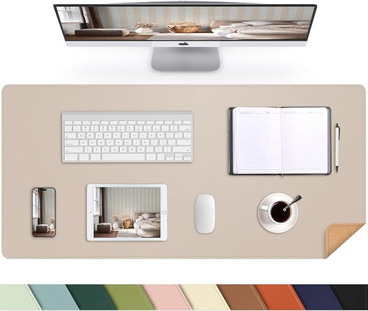 AFIING Leather Desk Mat, Beige, 31.5" x 17",Desk pad Protector | Dual-Sided Cork & PU Leather, Large Mouse Pad, Non-Slip & Waterproof