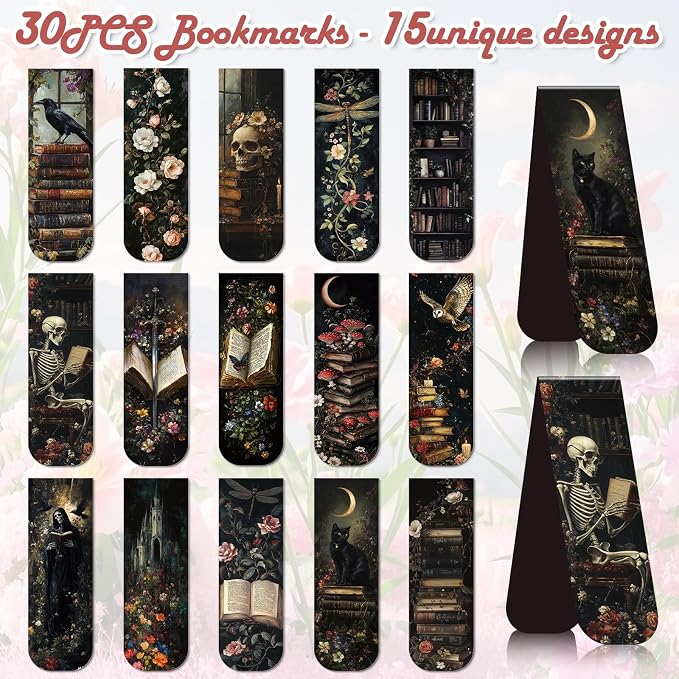 Wxiben Dark Academia Magnetic Bookmark - 30 Pcs Gothic Flower Book Mark Magnets Retro Aesthetic Bookmarks Magnetic Skull Plants Dragonfly Book Markers Page Clip for Women Students Teacher Reading Gift
