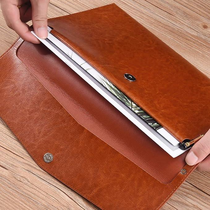 PU Leather A4 File Folder Document Holder Envelope Folder Case with Snap Closure for Receipt Contract Brown