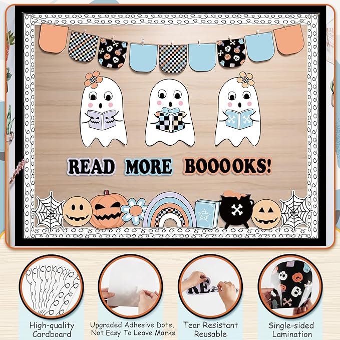 Halloween Bulletin Board Decorations Set, Boho Halloween Ghost Classroom Decor with Cute Ghost Paper Cutouts Border Trims for Back to School Teacher Nursery Classroom Wall Door Decor