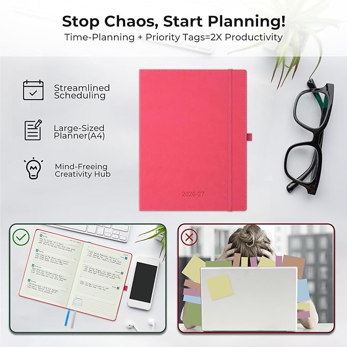 Weekly Monthly 2026-2027 Planner (July 26-Dec 27),11.5"x8.5",18 Months Agenda Plan with Month Tabs & Pocket,Expenses/Note Pages, Academic Calendar with Vegan Leather Cover,Rose Red