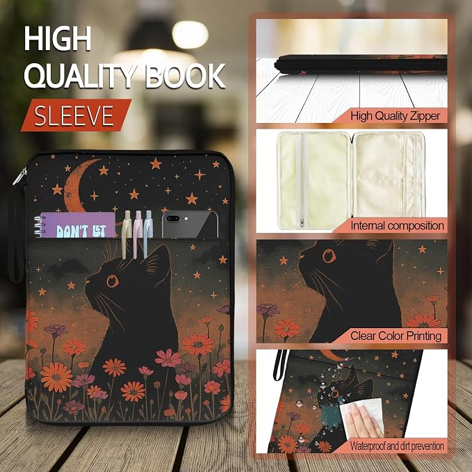Book Sleeve Pouch Black Cat Book Covers for Paperback with Zipper and Front Pocket, PU Leather Waterproof Book Sleeve for Book Lovers Librarian Friend Gifts