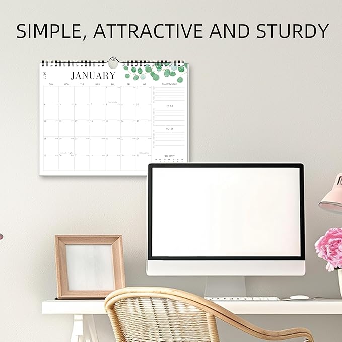 Aesthetic Wall Calendar 2026, 12 Monthly Horizontal Calendar January 2026 to December 2026, 14.5" x 11.5" Modern Wall Hanging Calendar for School, Home, Office for Monthly Organizing & Planning