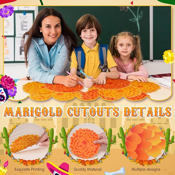 TaoBary 24 Pcs Day of The Dead Decorations Marigold Flower Paper Cutouts 7.09in Dia De Muertos Party Decorations Marigold Flower Bulletin Board Decor for Mexican Halloween Classroom Altar Wall Crafts