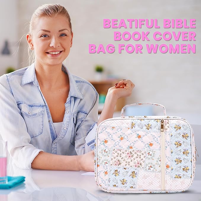 Large Bible Cover for Women, Durable Quilted Tote Bag with Handles, Bible Carry Case for Girls, Bible Study Supplies Accessories（Quilted）