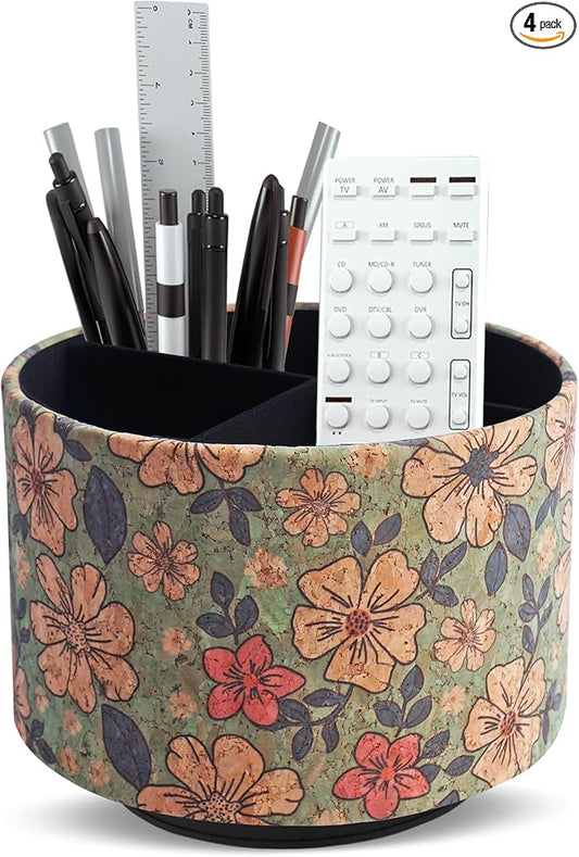 Round Leather Art Supply Organizer,Remote Control Holder,360 Degree Spinning,Multi-Functional Pencil Holder,4 Compartments Desktop Stationary Organizer(1-Wood Leather Green)