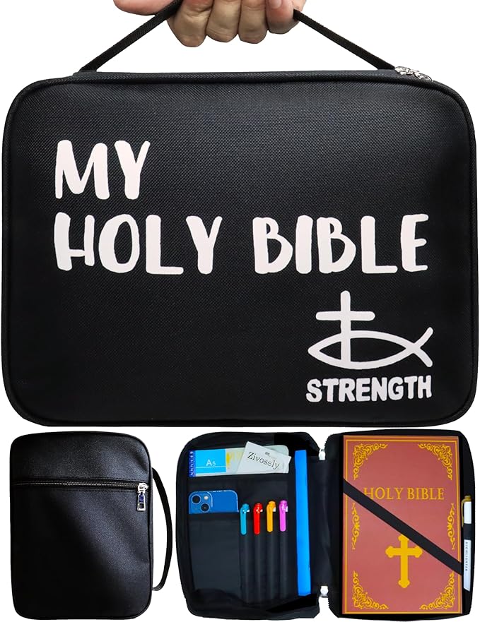 My Holy Bible Case, Practical Bible Cover Case with Handle, Pockets, Pen Slots, 10” x 8” Portable Bible Carrier Bag Fit Medium to Small Bibles Christian Church Gifts for Boys Girls Men Women