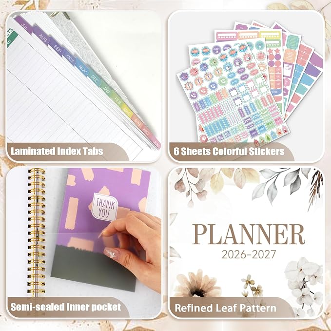 GuassLee 2026-2027 Weekly Monthly Academic Planner A4, 12-Month Hardcover Large Calendar Planner with Tabs, Stickers & Pocket, July 2026 to June 2027 Daily Planner Organizer for School Home Office