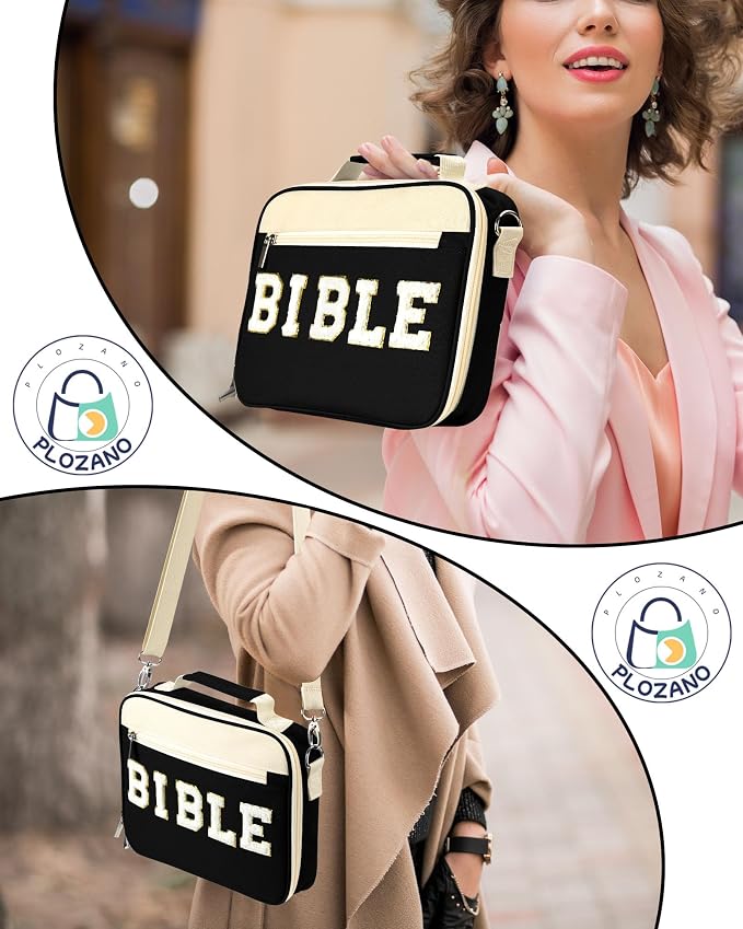 PLOZANO Bible Cover Case for Women, Large Chenille Letter Bible Bag with Shoulder Strap,Black Bible Carrying Tote Bags for Bible Study Accessories, Gift for Women Lady Teen Grils (Black)