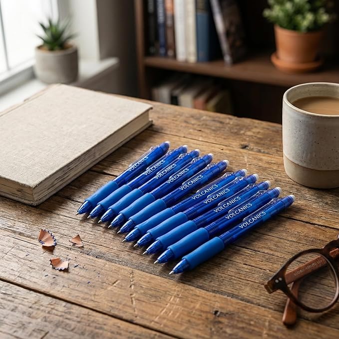Volcanics Retractable Clicker Erasable Gel Pens - 0.7mm Ball Point, Heat Erase with Built-in Eraser, 12 Pack Blue