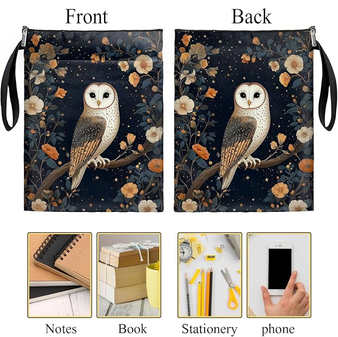 Vintage Floral Owl Book Cover, Waterproof Book Sleeve with Zippered Front Pocket Retro Flowers Book Pouch for Book Lovers, Christmas, Birthday, Graduation Gifts (Owl, Large)