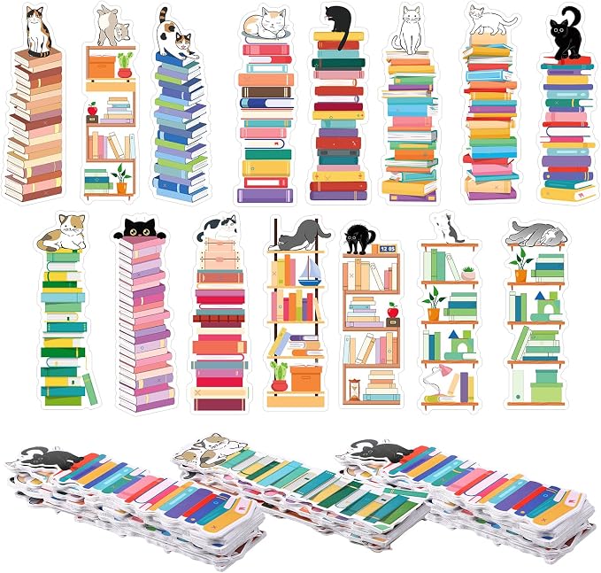 Kolldenn 150 Pcs Book Tracker Bookmarks Bulk 6.3 x 1.97 Inch Bookshelf Love to Read Bookmarks Paper Tracking Double Sided Reading Page Markers for Back to School Reading Lover(Cat)