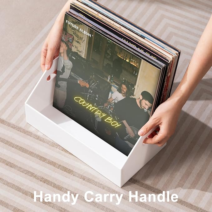 eletecpro No Assembly Acrylic Vinyl Record Storage with Handle, Holds up to 40 LPs, Multifunctional Record Holder Crate for Storing Album Covers, Modern Desk Organizer for Home, White Vinyl Display