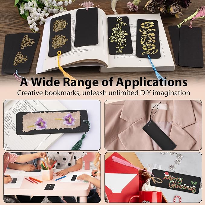 WANDIC 60 Pcs Blank Bookmarks, Black Bookmarks with 60 Pcs Colorful Tassels Thick Cardstock Paper Bookmark with Hole for DIY Craft Projects Supplies Gift Tags Book Decor