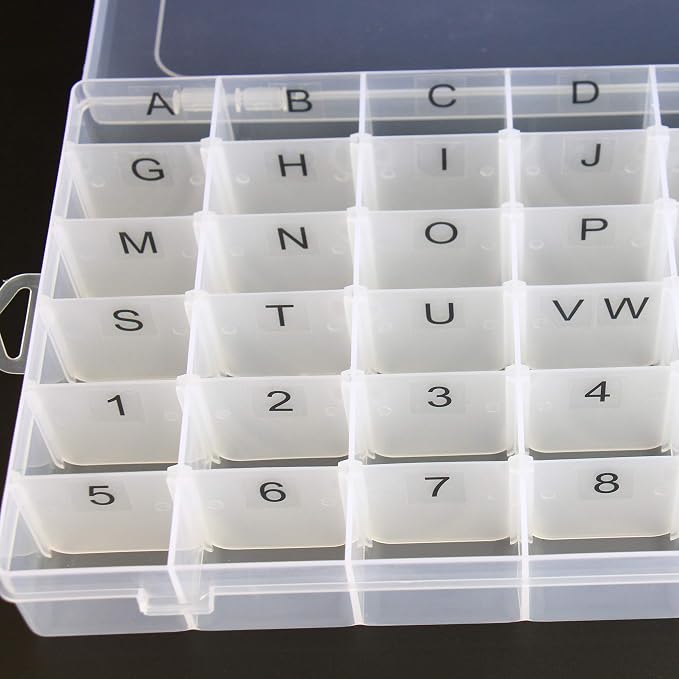 Plastic Organizer Container Box with Adjustable Dividers - 36 Compartments for Letter Board Letters - Stickers Pre Applied to Dividers