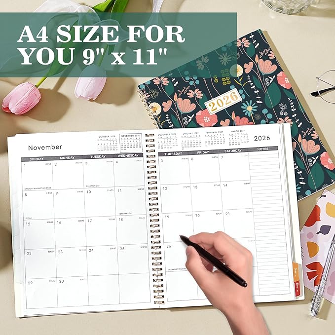 2026 Monthly Planner - January 2026 - December 2026, 9" x 11", Large Calendar 2026, 12 Months Planner with Monthly Tabs, Double Pockets, Spiral Binding