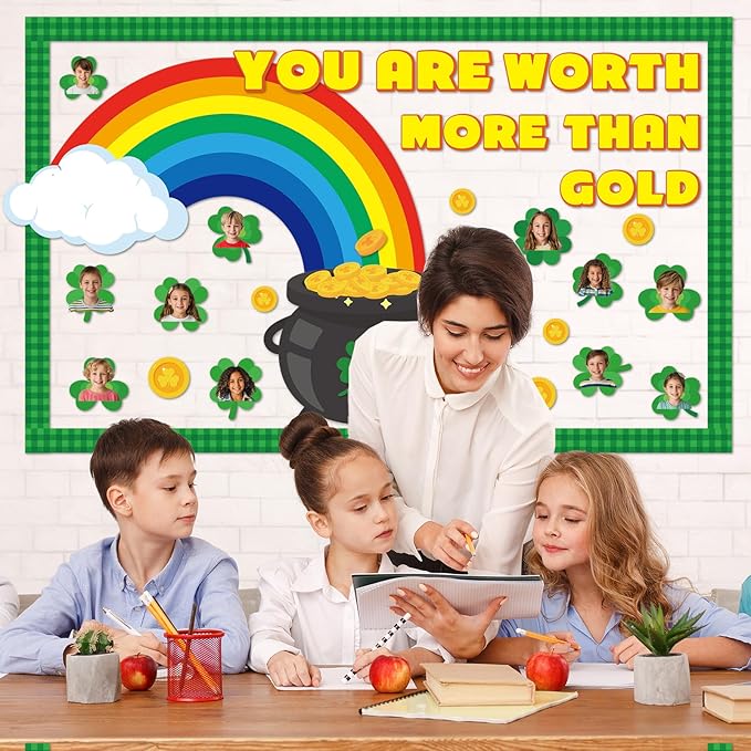 Lonfliness 111Pcs St. Patrick's Day Bulletin Board Classroom Decorations Shamrock Cutouts Gold Coin Bulletin Board for Teacher Nursery Classroom Door Wall Craft Photos Decor St. Patrick Party Supplies