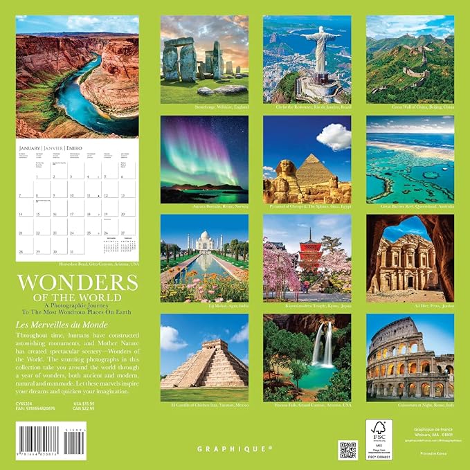Graphique 2024 Wonders of the World Wall Calendar | 12” x 12” | Thick Paper | Home & Office Organizer | Large Monthly Grid | 3 Languages & Marked Holidays | 4 Month Preview Page for 2025