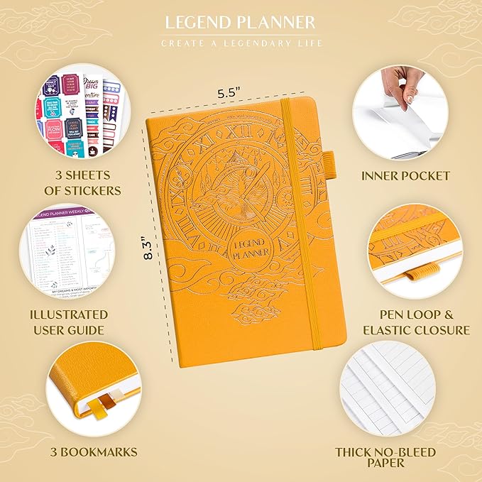 Legend Planner – Undated Weekly & Monthly Life Planner to Hit Your Goals & Live Happier, Organizer Notebook & Productivity Journal, A5 (Yellow, Gold)