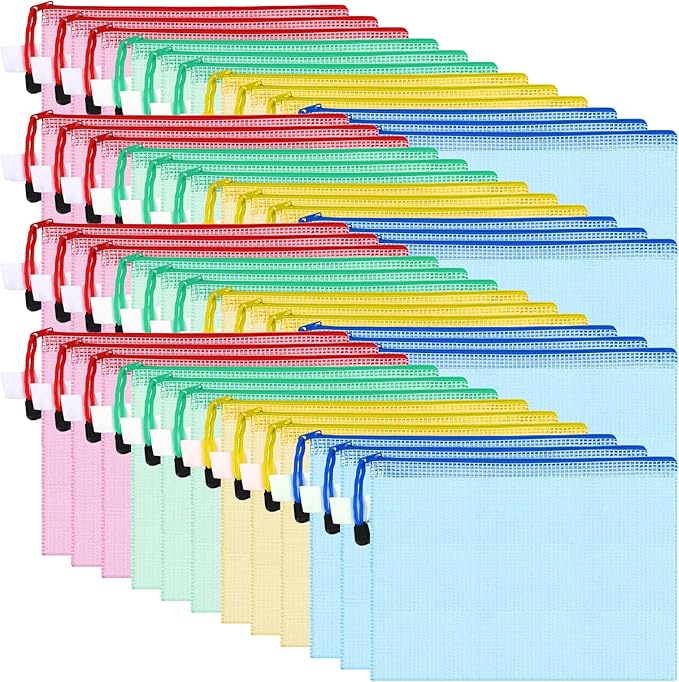 Roowest 48 Pcs A5 Mesh Zipper Pouch Plastic Zipper Pouch Clear Pencil Waterproof Bag with Multipurpose Mesh Storage Bag for School Office(Blue, Red, Green, Yellow)