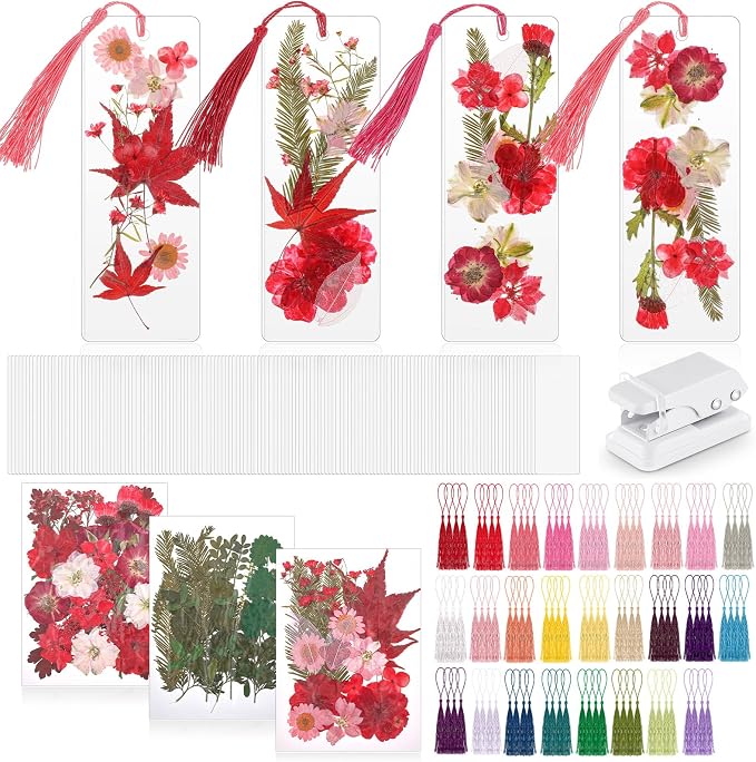 Fuyoooo 376 Pcs Dried Flower Bookmark Making Kit, DIY Bookmark Laminating Pouches with Tassels and Puncher, Handmade Craft Kit for Women, DIY Gifts for Book Lovers (Red,2 x 6 Inch)