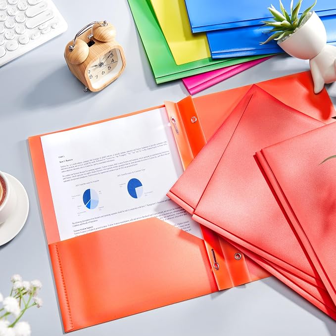 Cholemy 72 Packs Pocket Folders with Prongs Heavy Duty Plastic Folder with Business Card Slot 3 Prong Fasteners for School Office (Vivid)
