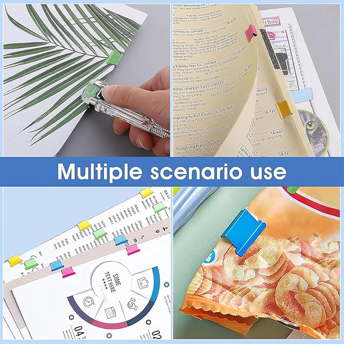 Portable Binder Clip Stapler, Includes 50 Reusable Clips, Push Clip Stapler, Small Binding Office Supplies Handheld Staplers Staples Set, Binder Clips Paper Clamps (E)