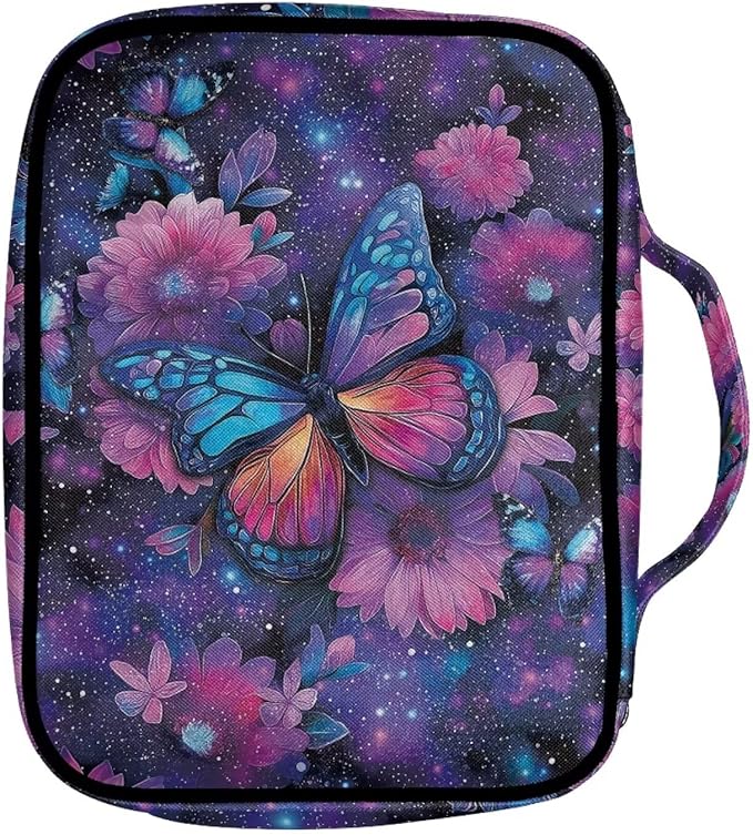 Suobstales Galaxy Butterfly Daisy Flower Print Bible Covers for Women Men Lightweight Bible Accessories with Handle and Zippered Pocket Bible Tote Bag for Kids