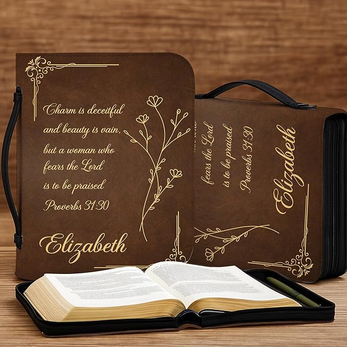 Custom Leather Bible Cover with Name – Personalized Bible Case for Women, Zippered with Handle, Bookmark & Storage Pockets, Christian Gift for Mom, Daughter, Grandma (Custom Quote, M-2XL)