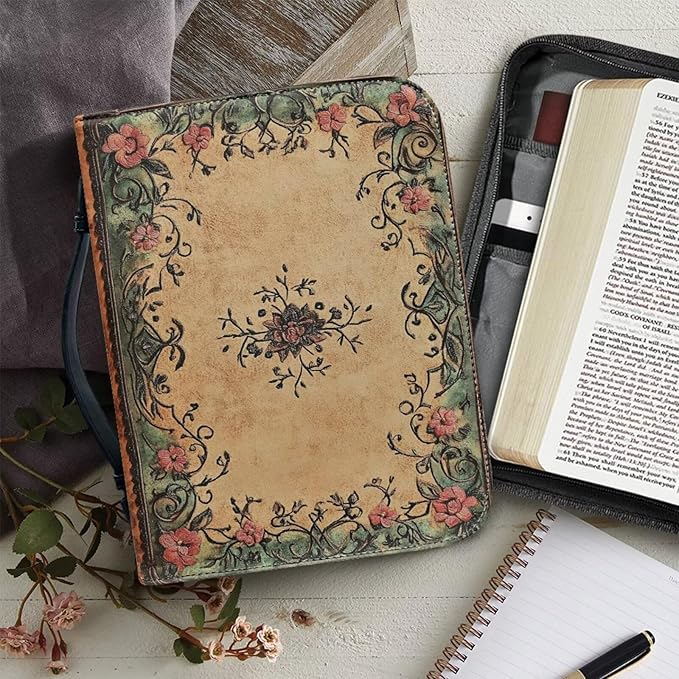 Retro Style Bible Book Cover Flower Bible Book Carrying Case Christianity Bible Accessories Bible Case Girls Bible Bags-Size：M