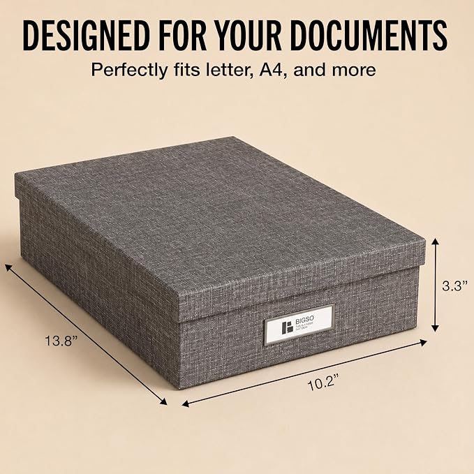 Bigso Oskar Canvas Fiberboard Document Letter Box for Important Paperwork A4 or Letter Size - Durable Keepsake Box with Lid and Metal Label Holder - 3.3in x 10.2in x 13.8in - Melange Grey - 3 Pack