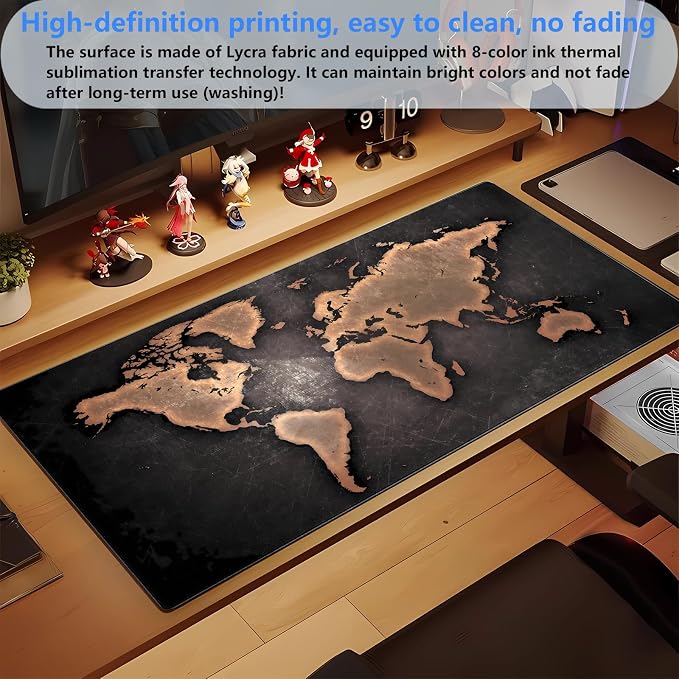 World Map Gaming Desk Pad XXL Large Mouse Pad Vintage Style Full Desk Mat Extended Keyboard Pad with Stitched Edges, Non-Slip Base (31.5" x 15.7")