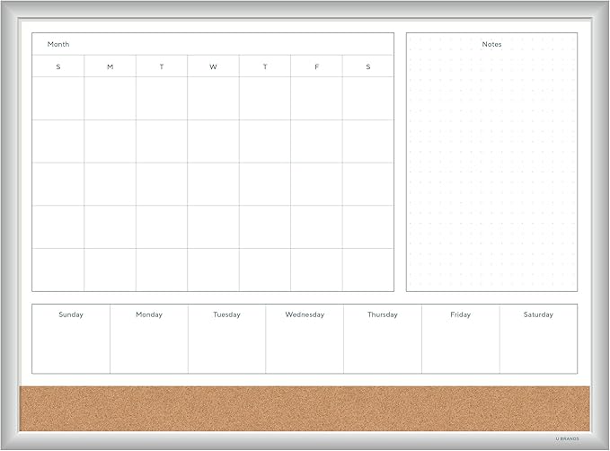 U Brands Magnetic Dry Erase 4-in-1 Calendar White Board, 24" x 18", Silver Aluminum Frame