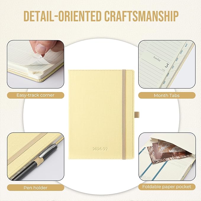 Planner 2026-2027 Weekly & Monthly Planner with Hourly Time Slots, 18 Month Academic Calendar July 2026 – Dec 2027, Vertical Layout, Monthly Tabs, Textured Fabric Hardcover, Yellow