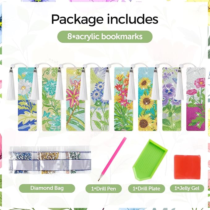8 Pieces Christian Bible Verse Diamond Art Bookmarks 5d Christian Beaded Bookmark Acrylic Tassel Bookmark for DIY Making Beginners Adults Arts Craft Supplies (Floral-1)
