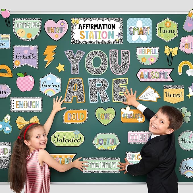 45pcs Composition Affirmation Station Bulletin Board Set Motivational Posters Classroom Mirror Growth Mindset Decor Positive Affirmations Accents Cutouts for School Office Home Teacher Wall