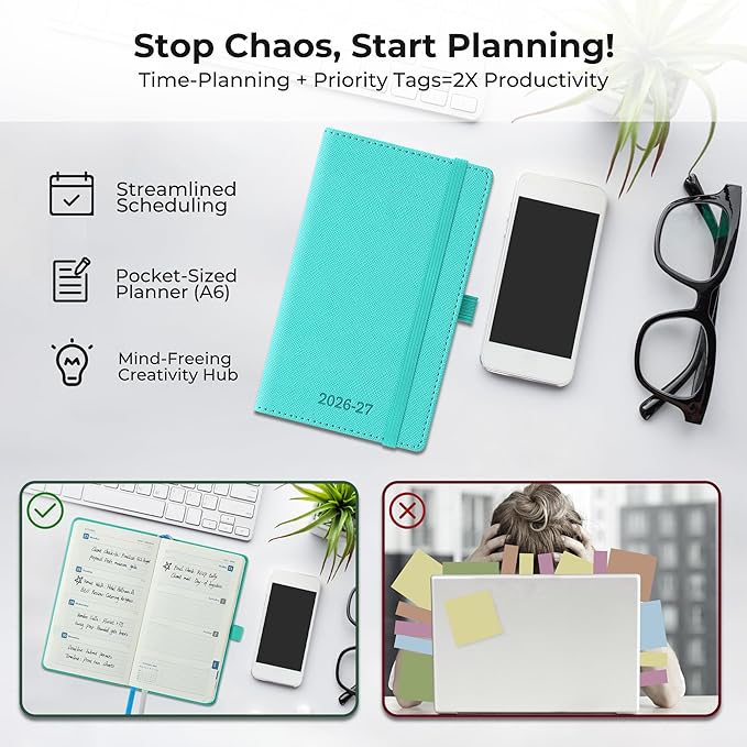 Weekly Monthly 2026-2027 Planner (July 26-Dec 27),6.5"x3.75",18 Months Agenda Plan with Month Tabs & Pocket,Expenses/Note Pages, Academic Calendar with Vegan Leather Cover,Light Blue