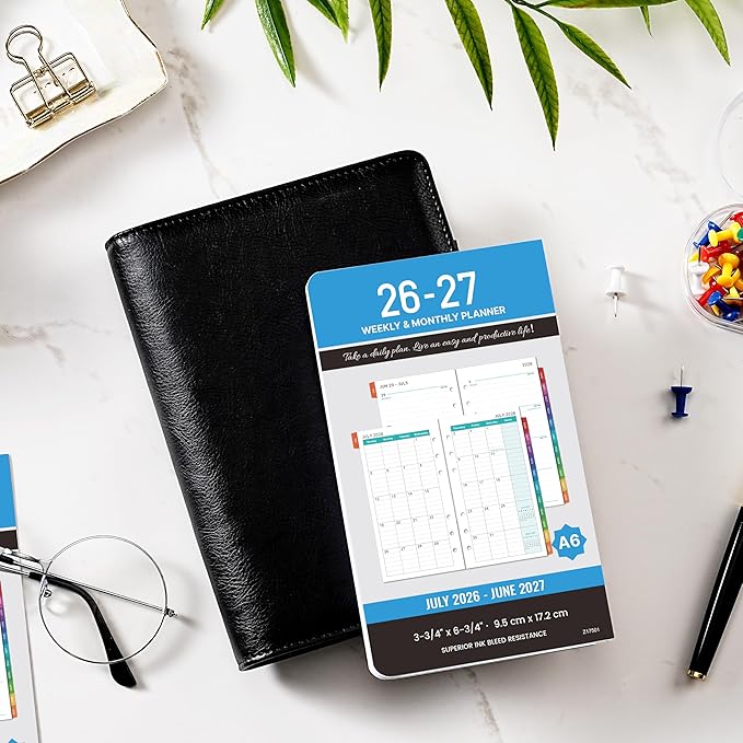 2026-2027 Planner Refills - 4" x 7", A6 Weekly and Monthly Planner Inserts, Jul. 2026 - Jun. 2027, Planner Refills 2026-2027, 6 Holes, Colorful Monthly Tabs