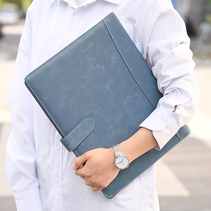 Wason Portfolio Padfolio A4 Leather PU Folder File Document Holder Case with Writing Pad Removable Clipboard Card Stationary Case Phone Tablet Stand for Organizer Office Travel School (Blue)